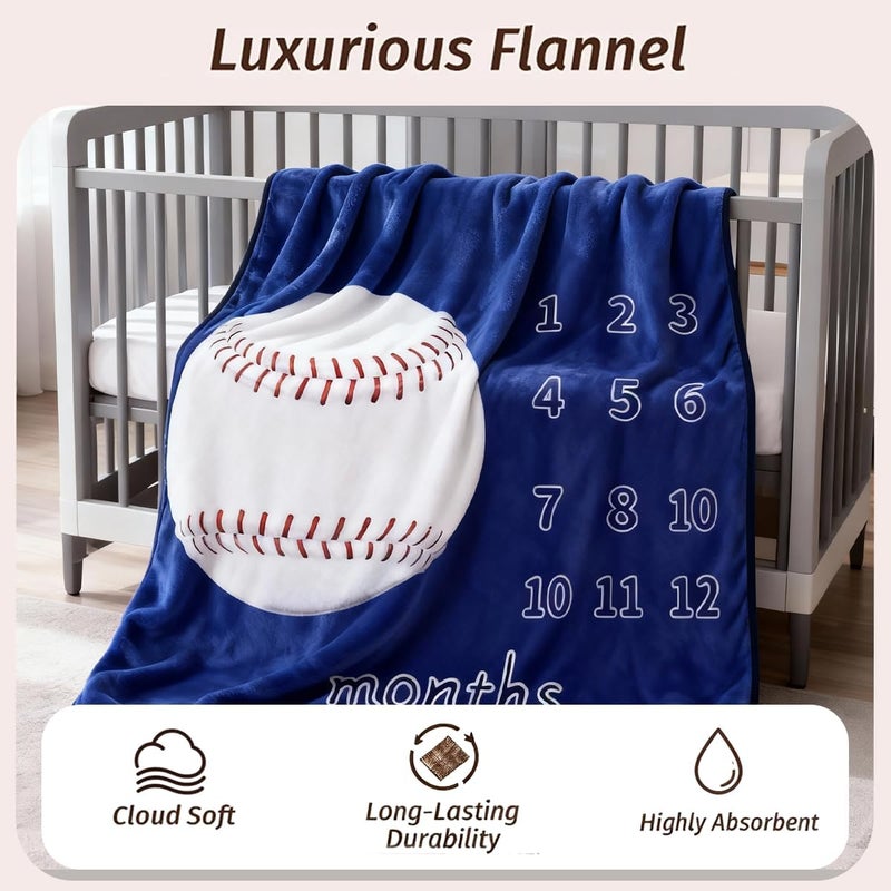 JIX SDFFAY Baby Monthly Milestone Blanket Baseball Month Blanket for Newborn Boys & Girls, Soft Flannel Mat with Photo Prop for Baby Shower, Neutral 45x40 Inches - Image 2